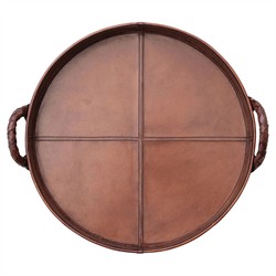 Jordyn Traditional Brown Woven Leather Round Decorative Tray|
