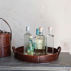 Jordyn Traditional Brown Woven Leather Round Decorative Tray|