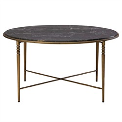 Emari French Country Black Marble Antique Brass Round Coffee Table|