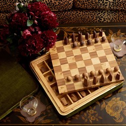 AERIN Updated Traditional Moss Green Velvet Brown Burl Wood Chess Set|