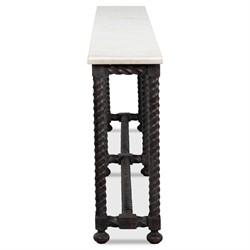 Stella Traditional White Marble Brown Acacia Rectangular Spindle Console Table|