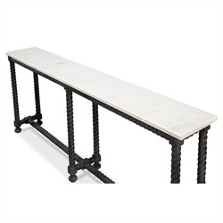 Stella Traditional White Marble Brown Acacia Rectangular Spindle Console Table|