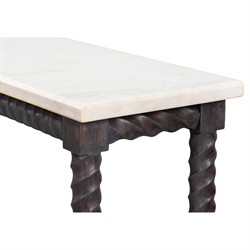 Stella Traditional White Marble Brown Acacia Rectangular Spindle Console Table|