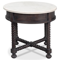 Stella Updated Traditional White Marble Brown Acacia Round Spindle Side Table|