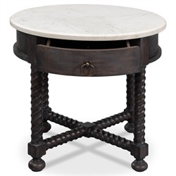 Stella Updated Traditional White Marble Brown Acacia Round Spindle Side Table|