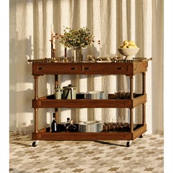 Quinn Updated Traditional Black Granite Brown Walnut Bar Cart|