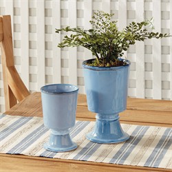 Kelsey Coastal Blue Glazed Stoneware Footed Outdoor Planter - Set of 2|