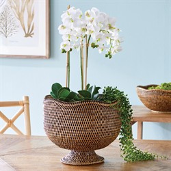 Hollis Updated Traditional Brown Rattan Footed Scalloped Planter|