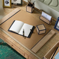 Pigeon and Poodle Hanford Coastal Natural Raffia Navy Blue Leather Trim Decorative Box - Set of 2|