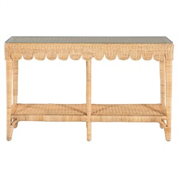 Anissa Coastal Beach Natural Woven Rattan Rectangular Scalloped Console Table|