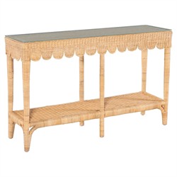 Anissa Coastal Beach Natural Woven Rattan Rectangular Scalloped Console Table|