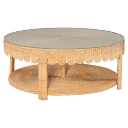 Anissa Coastal Beach Natural Woven Rattan Round Scalloped Coffee Table|