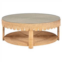 Anissa Coastal Beach Natural Woven Rattan Round Scalloped Coffee Table|