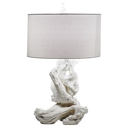 Estelle Coastal Beach White Linen Driftwood Table Lamp|