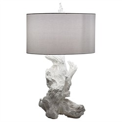 Estelle Coastal Beach White Linen Driftwood Table Lamp|