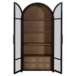 Elsa Updated Traditional Black Wood Rattan Arched China Cabinet|