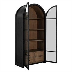 Elsa Updated Traditional Black Wood Rattan Arched China Cabinet|