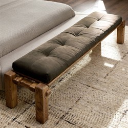 Riona Modern Classic Brown Leather Reclaimed Oak Tufted Bedroom Bench|