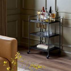 Pierce Modern Classic Smoked Cast Glass Black Iron Bar Cart|