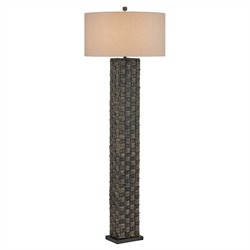 Evania Coastal Beach Natural Linen Black Seagrass Column Floor Lamp|