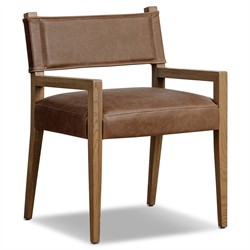 Ely Rustic Lodge Cigar Brown Leather Light Oak Wood Dining Arm Chair|