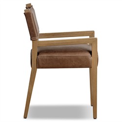 Ely Rustic Lodge Cigar Brown Leather Light Oak Wood Dining Arm Chair|