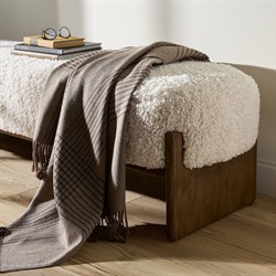 Leith Modern Classic White Fleece Brown Wood Bedroom Bench|