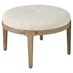 Leith Modern Classic Cream Linen Boulder Brown Wood Round Ottoman|