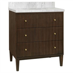 Worlds Away Odin Modern Classic White Marble Fluted Dark Brown Oak Bath Vanity Sink - 31"|