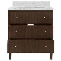 Worlds Away Odin Modern Classic White Marble Fluted Dark Brown Oak Bath Vanity Sink - 31"|
