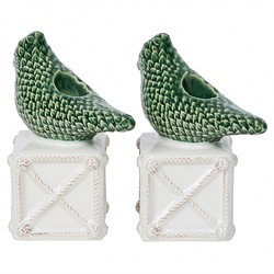 Juliska Berry &amp; Thread Bird Topiary Green Ceramic Candleholder - Set of 2|