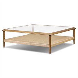 Carmela Coastal Beach Brown Oak Woven Rush Glass Square Coffee Table|