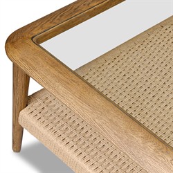 Carmela Coastal Beach Brown Oak Woven Rush Glass Square Coffee Table|