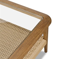 Carmela Coastal Beach Brown Oak Woven Rush Glass Square Coffee Table|