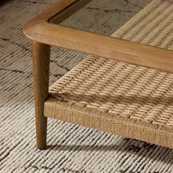 Carmela Coastal Beach Brown Oak Woven Rush Glass Square Coffee Table|