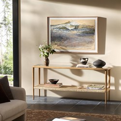 Carmela Coastal Beach Brown Oak Woven Rush Rectangular Console Table|