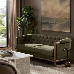 Khloe Rustic Lodge Green Performance Brown Wood Tufted Sofa - 78"|