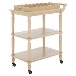 Melanie Updated Traditional Natural Pine Wood Scalloped Bar Cart|