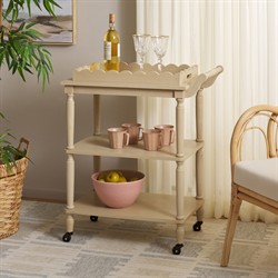 Melanie Updated Traditional Natural Pine Wood Scalloped Bar Cart|
