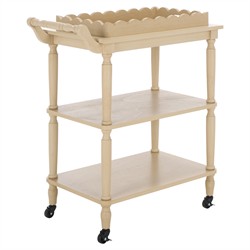 Melanie Updated Traditional Natural Pine Wood Scalloped Bar Cart|
