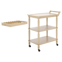 Melanie Updated Traditional Natural Pine Wood Scalloped Bar Cart|