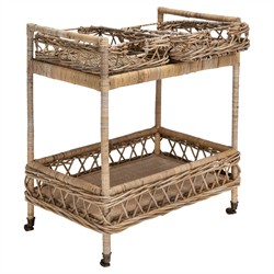 Selena Coastal Beach Grey Woven Rattan Bar Cart|