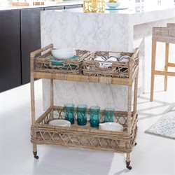 Selena Coastal Beach Grey Woven Rattan Bar Cart|
