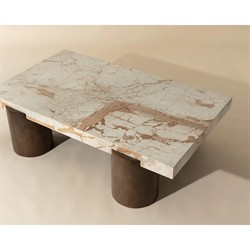 Philippa Modern Classic Cream Marble Brown Mango Wood Rectangular Coffee Table|