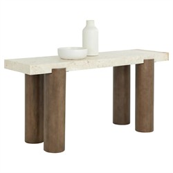 Philippa Modern Classic Cream Marble Brown Mango Wood Rectangular Console Table|