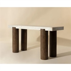 Philippa Modern Classic Cream Marble Brown Mango Wood Rectangular Console Table|