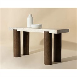 Philippa Modern Classic Cream Marble Brown Mango Wood Rectangular Console Table|