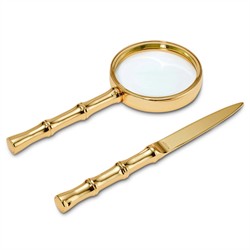 AERIN Ava Coastal Beach Gold Brass Bamboo Magnifying Glass and Letter Opener|