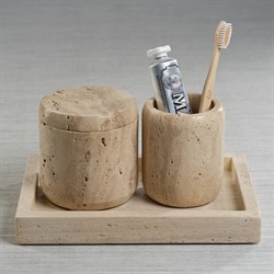 Selene Coastal Beach Beige Travertine Marble Brush Holder|