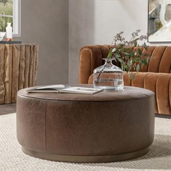 Leopold Rustic Lodge Dark Brown Leather Round Cocktail Ottoman|